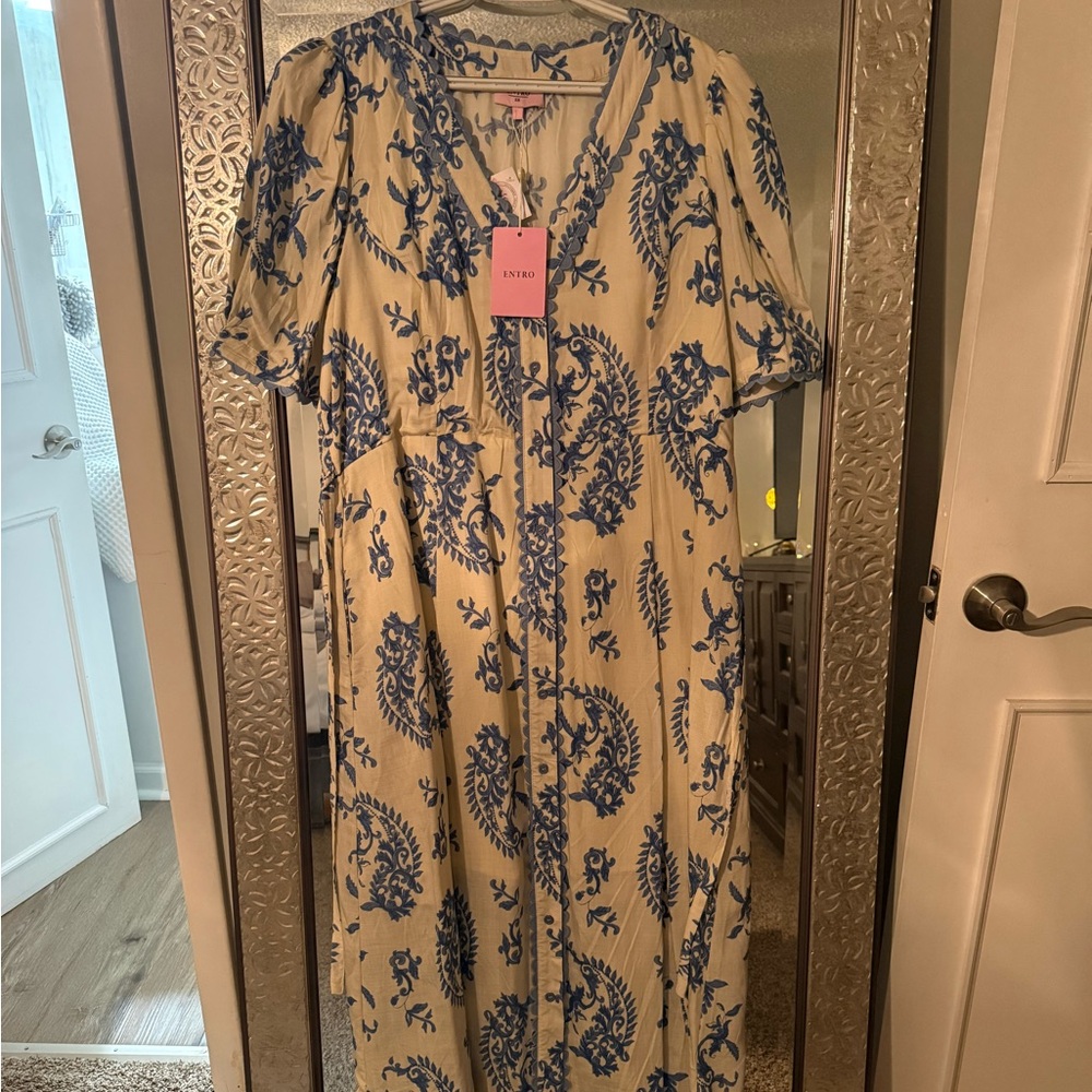 Light Cream Dress with Blue Floral Print maxi